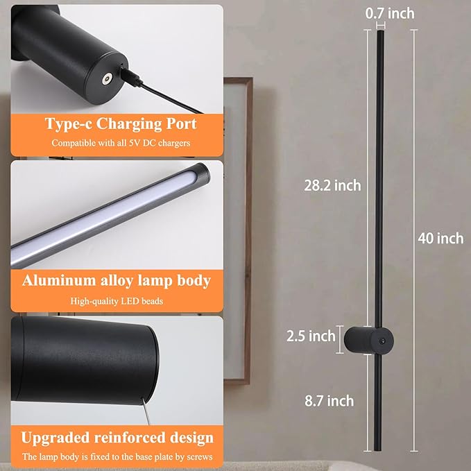 Battery Operated Wall Sconces Set of 2, Rechargeable 6000mAh Wireless Lights with Remote, 360° Rotation Dimmable 3000K-6000K, No Wiring Indoor Lamps for Bedroom Hallway Stairs 40 Inch Black