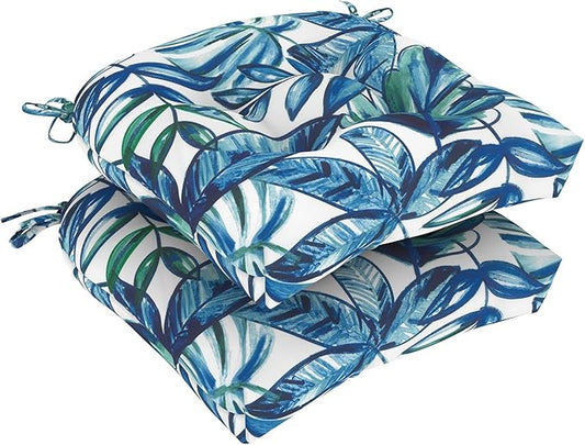 Set of 2 Outdoor Tufted Chair Cushions 19"x19"x4", Water Repellent Patio Seat Cushions with Ties, Replacement Chair Pads for Wicker Dining and Patio Furniture - Leaves Ink Blue