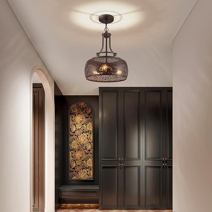 WUZUPS Chandelier Rustic Farmhouse Industrial Round Ceiling Pendant LED Light Fixture with Later-Cut Openwork Drum Shade, H 15.7" x W 13.4", Oil Rubbed Bronze