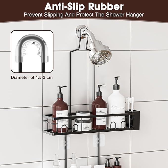 Shower Caddy Hanging, Rustproof Shower Shelves - No Drilling Inside Bath, Extended Length Shower Organizer with Soap Holder; Toothbrush Holder, Black