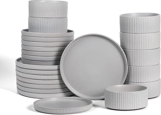 Stone Lain Haven Stoneware 24-Piece Dinnerware Set, Grey - Plates and Bowls Sets for 8, Elegant Dish Set, Includes Dinner Plates, Salad Plates Cereal Bowls, Microwave & Dishwasher Safe