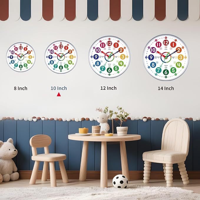 Learning Clock for Kids 10 Inch Learning to Tell Time Easily Colorful Teaching Time Clock Silent Non Ticking Battery Operated Decorative for Kids Room Classroom School Bedroom