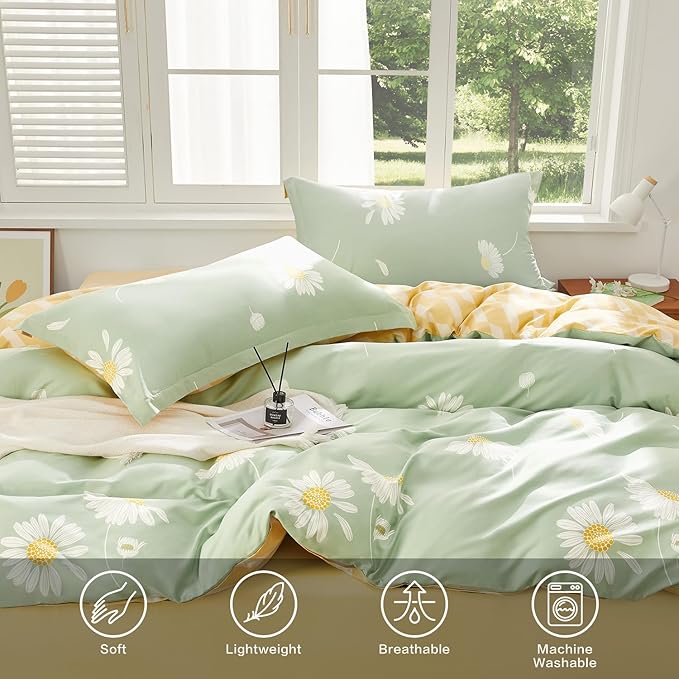 SAPHREAS White Daisy Floral King Size Duvet Cover Set 3pcs Green Bedding Comforter Cover Set 100% Cotton 1 Duvet Cover 104"x90" 2 Pillow Shams, Comforter Not Included