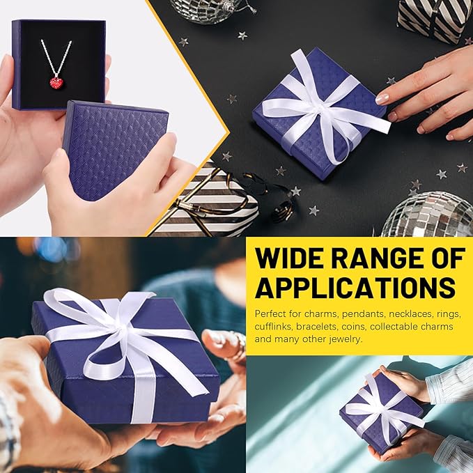 Glarks 12pcs Dark Blue 9 x 9 x 3CM Jewelry Gift Boxes with Pink Scissors and 1.5 x 225CM White Polyester Ribbon Set, Diamond Pattern Necklace Earring Bracelet Boxes Gift Case Ideal
