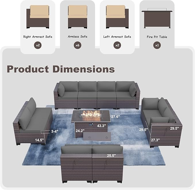 Kurapika 11 Pieces Patio Furniture Set, Rattan Wicker Outdoor Conversation Sets w/43in Propane Fire Pit Table and 4 Inch Cushion(Grey)