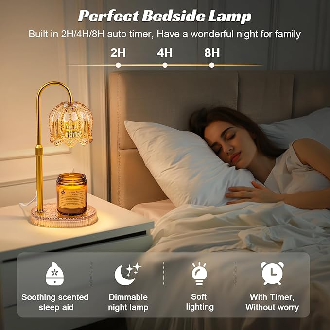 Petal Candle Warmer Lamp with Timer & Dimmable Light Champagne Gold - Adjustable Height Jar Melter on Crystal Glass Base, Home Decor Gift Set (Includes 2 Bulbs)