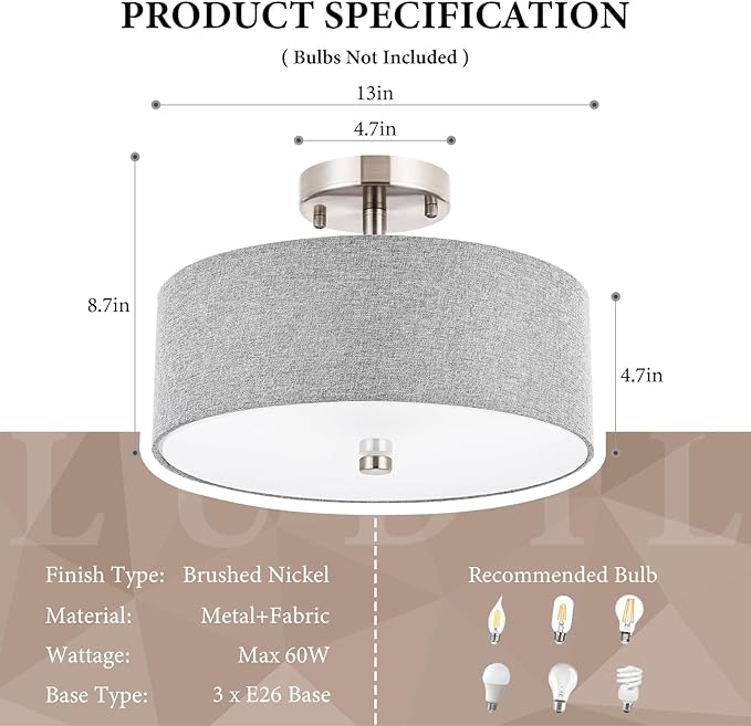 3-Light Semi Flush Mount Ceiling Light Fixture, 13" Modern Drum Light with Grey Fabric Shade, Close to Ceiling Lighting Hanging Lamps for Bedroom Living Room Dining Room Kitchen Hallway