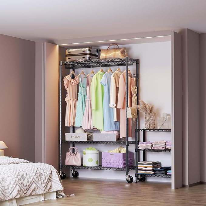 IZEUK Rolling Clothes Rack Heavy Duty, 3-Tier Garment Rack on Wheels for Hanging Clothes with 1 Rod, Metal Freestanding Adjustable Wardrobe Closet Organizer, 45.3" W x 15.7" D x 75.6" H, Black