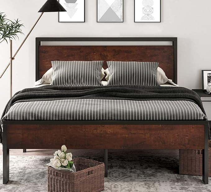 SHA CERLIN 14 Inch Queen Size Metal Platform Bed Frame with Wooden Headboard and Footboard, Mattress Foundation, No Box Spring Needed, Large Under Bed Storage, Non-Slip Without Noise, Mahogany