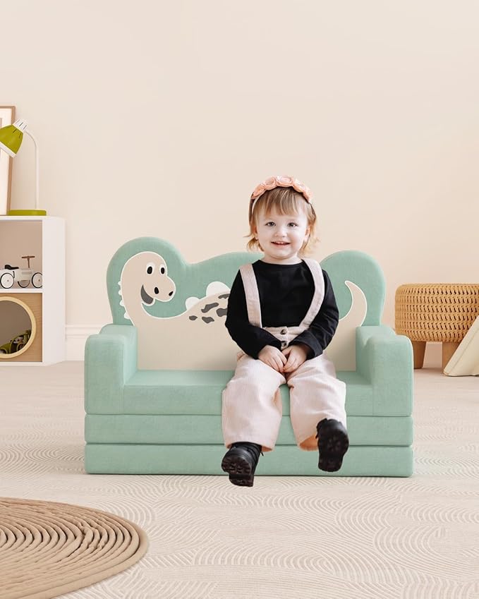 2-in-1 Kids Couch Fold Out, Convertible Toddler Couch to Lounger, Toddler Chair Comfy, Kids Sofa for Girls and Boys, Gift for Birthday, Children's Day, Dinosaur Green