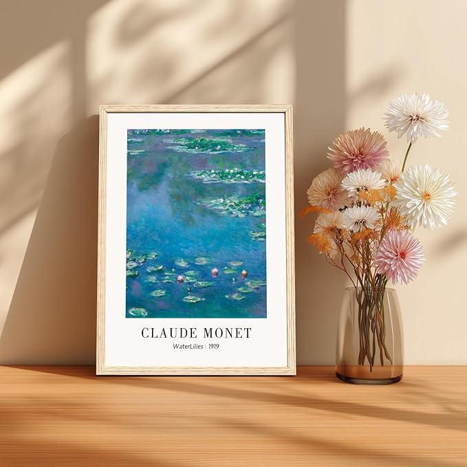 Cyebmo Vintage Botanical Wall Art Set of 3, Claude Monet Water Lilies Art Prints, Impression Sunrise Water Lilies Seine River Poster Prints for Living Room Bedroom Bathroom Wood Framed 12"x16"x3