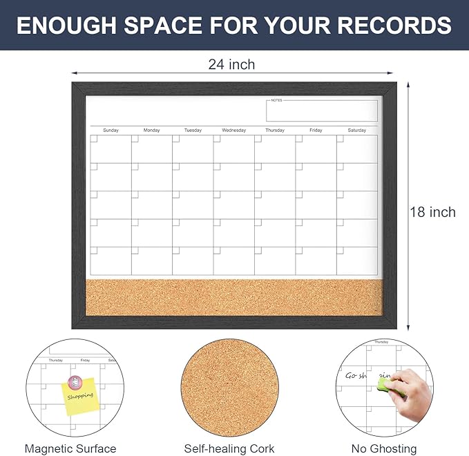 Dry Erase Calendar for Wall, 18x24 Inches Calendar Whiteboard for Wall, Magnetic Monthly White Board Corkboard with Wood Framed, Hanging Dry Erase Board for Kitchen Home Office School Planner
