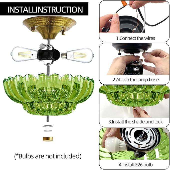 Ceiling Lights Semi Flush Mount Ceiling Light, Modern Gold Ceiling Light with Green Glass,Ceiling Lights Fixture Suitable for Bedroom Dining Room Kitchen Living Room Entryway Hallway