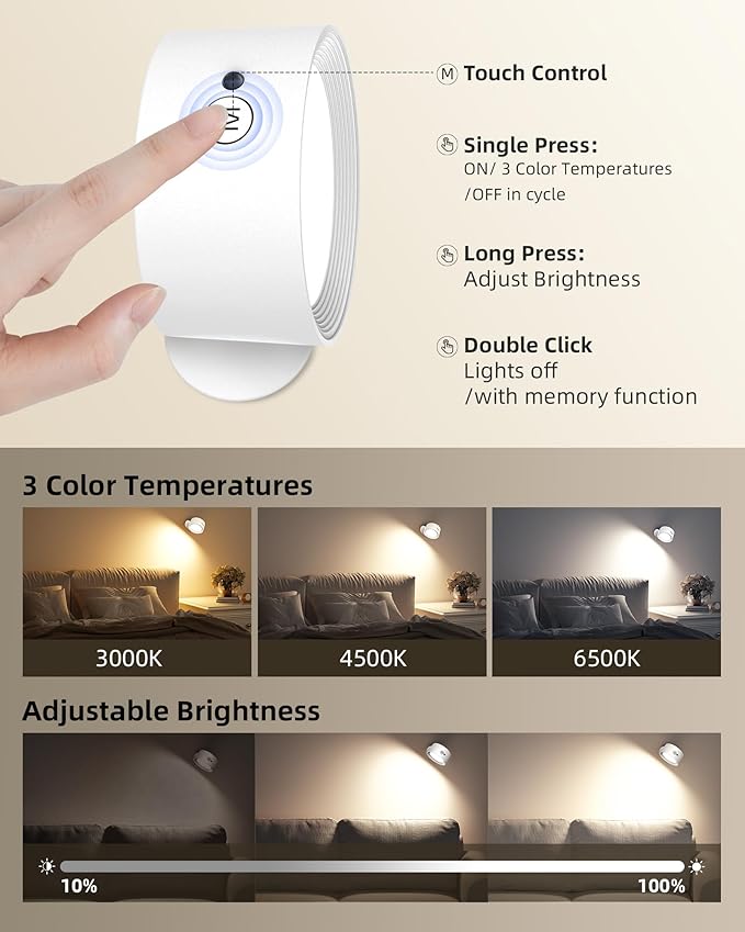 LED Wall Mounted Lights, Rechargeable Wall Sconces Lamp, 3 Color Temps & Remote and Touch, 360°Rotation Dimmable Cordless Wall Light for Study Bedroom Reading Bedside(White, 1 Pack)