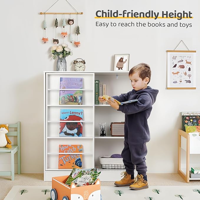 Cowiewie Toy Organizers and Storage, 5-Section Kids Bookshelf for Organizing Books Toys, Wooden Storage Cabinet for Playroom, School Classroom