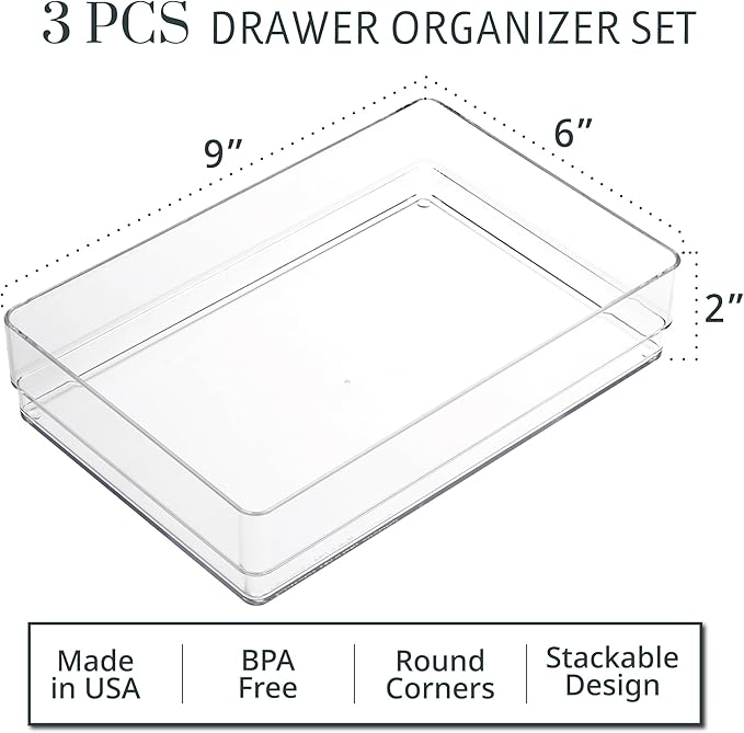 STORi SimpleSort 3-Piece Stackable Clear Drawer Organizer Set | 9" x 6" x 2" Rectangle Trays | Wide Makeup Vanity Storage Bins and Office Desk Drawer Dividers | Made in USA