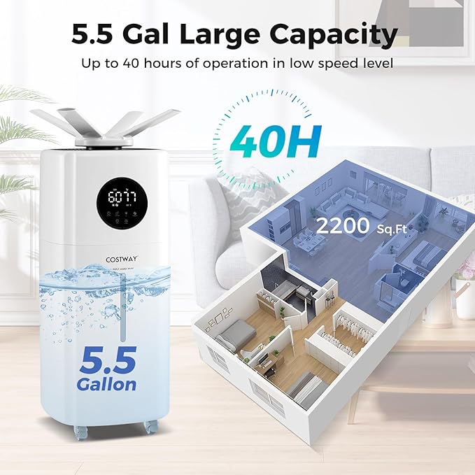 COSTWAY 21L Humidifier for Large Room, 5Gal Whole House Ultrasonic Humidifier with 3 Mist Levels, Extension Tube, 360° Nozzles & Remote Control, Top Fill Commercial Humidifier with Wheels for Home