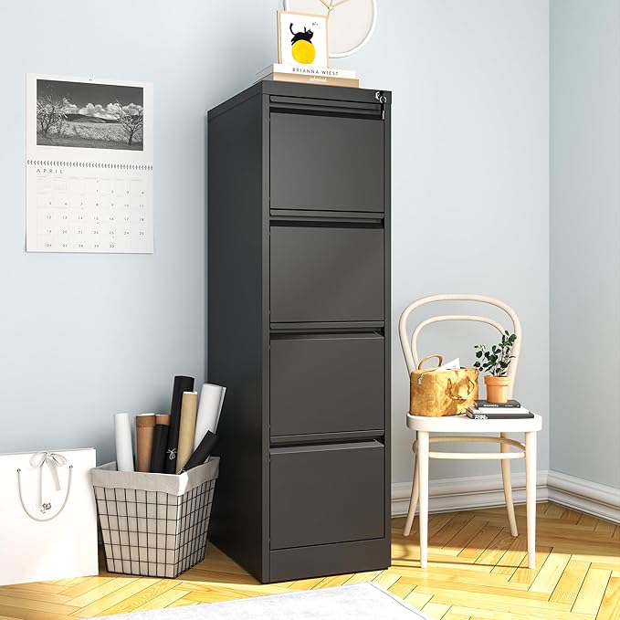 File Cabinet, Vertical File Cabinets with Lock for Home Office,Heavy Duty Office Steel Filing Cabinet for Hanging Letters/Legal/A4, Assembly Required (Black, 4 Drawers)