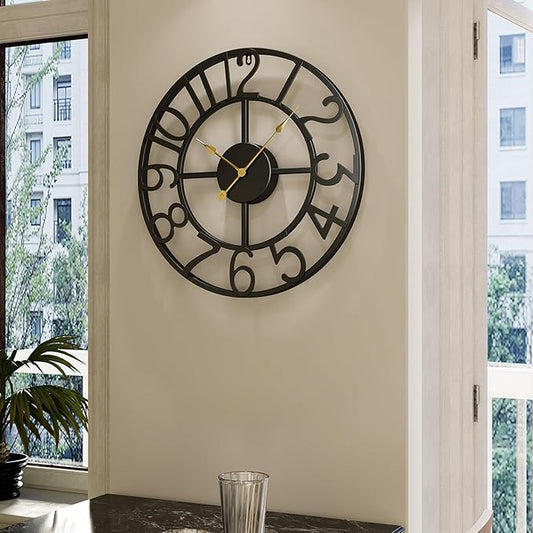 Black 16 Inch Wall Clock Decorative, Modern Metal Clock for Lving Room, Battery-Operated Silent Non Ticking Arabic Numerals Wall Clocks for Bedroom, Kitchen, Dining Room, Office