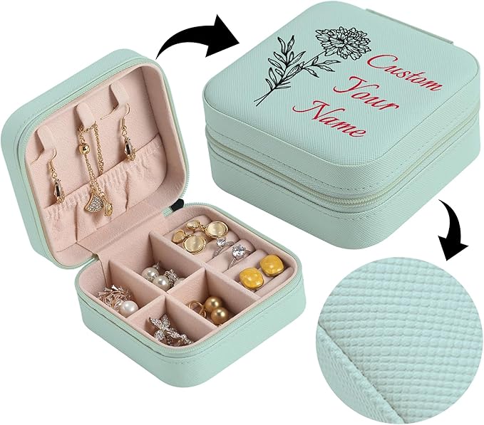 Personalized Jewelry Boxes for Women, Custom Travel Jewelry Case with Name and Birth Flower Month, Portable Jewelry Box Organizer for Mom Birthday Gifts (Blue Customizable)