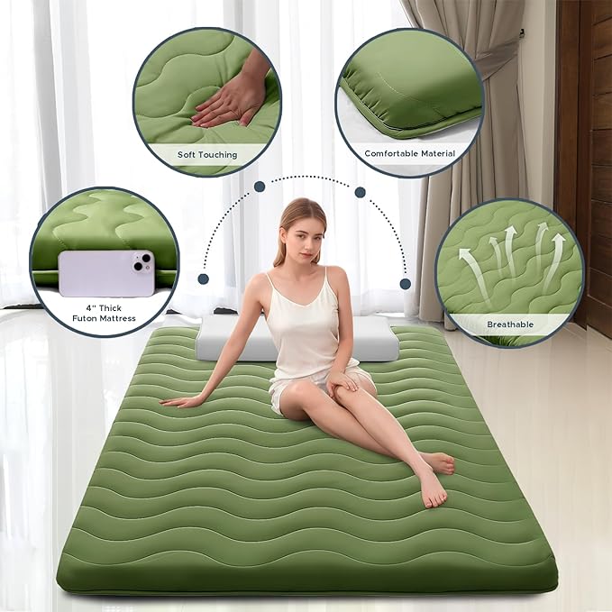 Japanese Floor Mattress, 100% High Density Comfortable Foam, 4" Thicken Foldable Mattress Tatami Mat Sleeping Pad, Ideal for Comfort and Support, Kids Floor Lounger Pillow Bed Sofa, Green, Queen