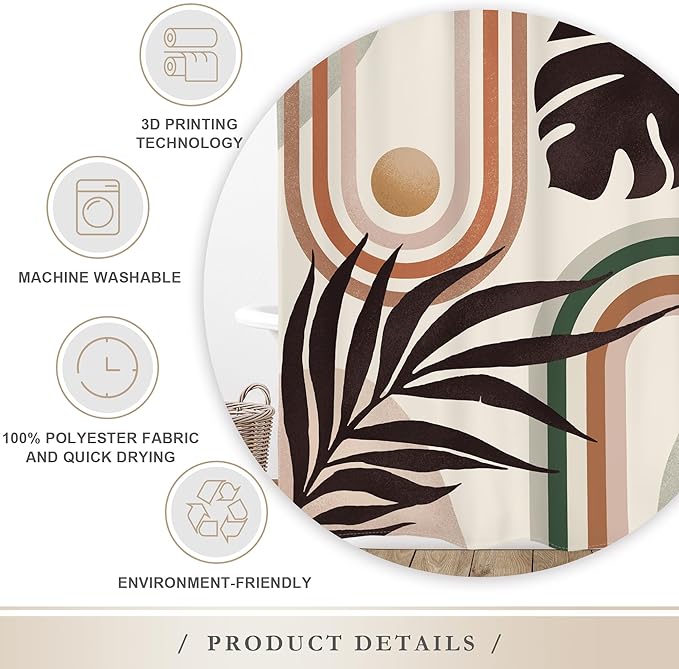 Glawry Boho Mid Century Shower Curtain Abstract Tropical Plant Minimalist Bohemian Botanical Palm Leaf Bathroom Modern Geometric 60Wx72L Inches Bath Accessories Art Home Decor Fabric 12 Pack Hooks…