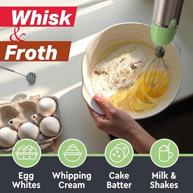 Mueller Multistick 800W 5-in-1 Immersion Blender Handheld, 12 Speed Hand Mixer - Turbo Boost, Heaviest Duty Copper Motor, Titanium Blades Hand Blender, Milk Frother Wand, Green Kitchen Accessories