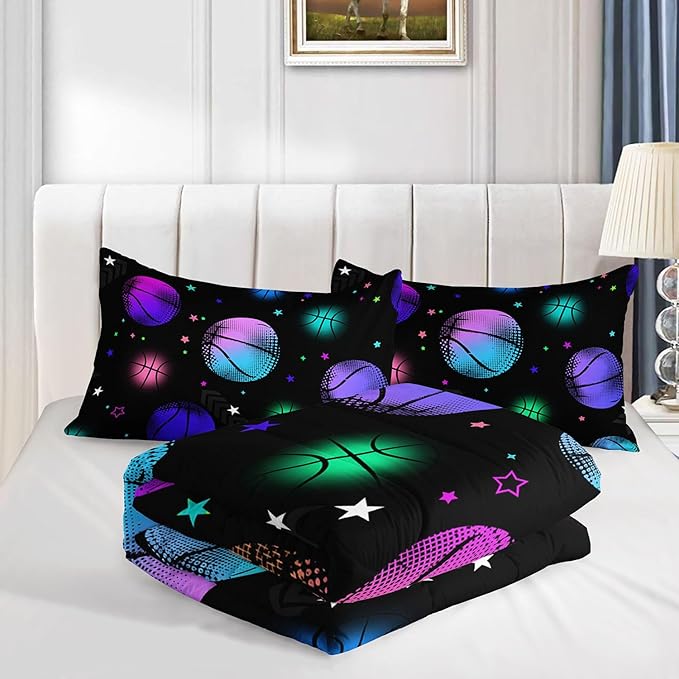 Kids Comforter Set Glowing Basketball Printed Pattern Bedding Set with 1 Comforter and 2 Pillowcases for Girls Boys Bedroom All Season(Basketball1 Full)