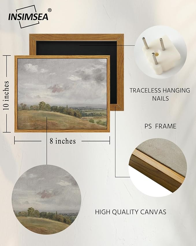 InSimSea Framed Canvas Wall Art Vintage Decor, White Clouds over Vast Grassland Classical Paintings Canvas Prints, Rustic Wall Decor for Bedroom Living Room Office, 8"x10"