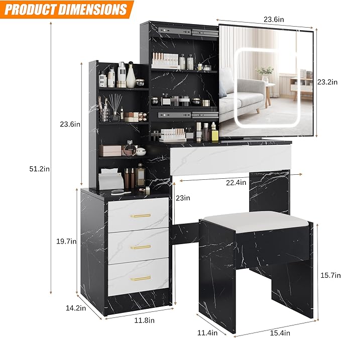 Vanity Desk With Sliding Mirror and LED Light, Makeup Vanity Set With Power Outlet, 3 Color Adjustable Light, Dressing Table With 4 Drawers, Storage Shelve & Stool for Bedroom, Marble-Black & White