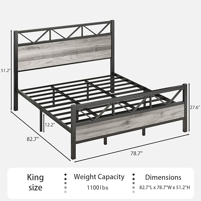 King Size Bed Frame with 51.2" Tall Headboard, Platform Bed Frame with Metal Support, Solid and Stable, Noise Free, No Box Spring Needed, Wash Grey