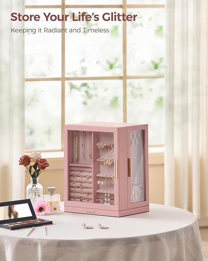 360° Rotating Jewelry Box with 5 Drawers, Spacious Vertical Jewelry Organizer with Glass Window, Jewelry Storage Case, Dustproof & Moisture-resistant Design, Pink
