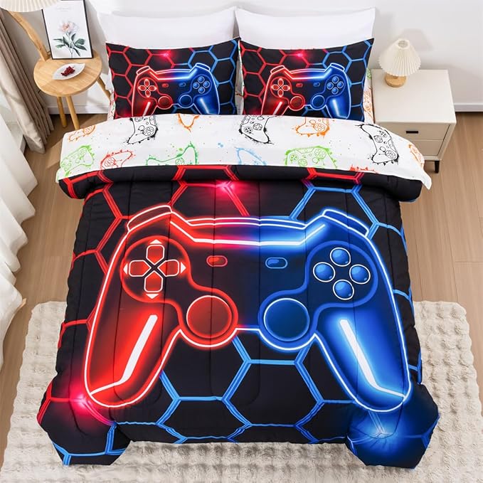 NTBED Game Console Comforter Set for Boys Girls Kids 3D Gaming Geometric Lightweight Microfiber Gamer Bedding Sets (Red Blue, Twin 5Pcs)