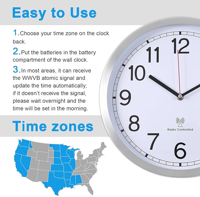 Atomic Analog Wall Clock, 12Inch Radio Controlled Sets Automatically Wall Clock Decorative for Living Room Office School