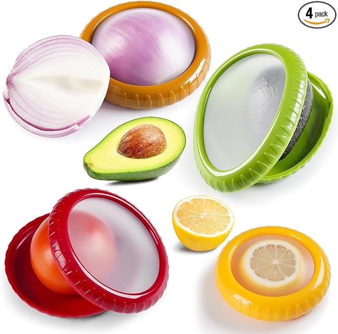 Anti-Oxidation Silicone Fruit Storage Box and Containers with Lids | Set of 4 Reusable Fruit & Vegetable Pods | Avocado Saver, Food Saver, Onion & Tomato Holder for Fridge, Airtight Fresh Pod