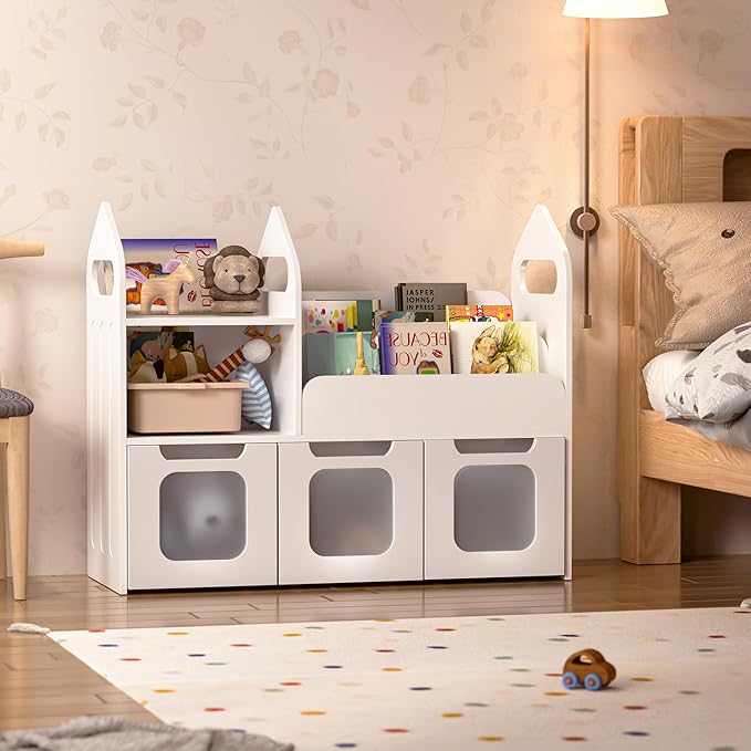 Toy Storage Organizer with 3 Movable Drawers and Storage Cubby, 25.5" H Kids Bookshelf and Toy Storage, Book Shelf for Kids Room, Nursery, Playroom, Bedroom, White