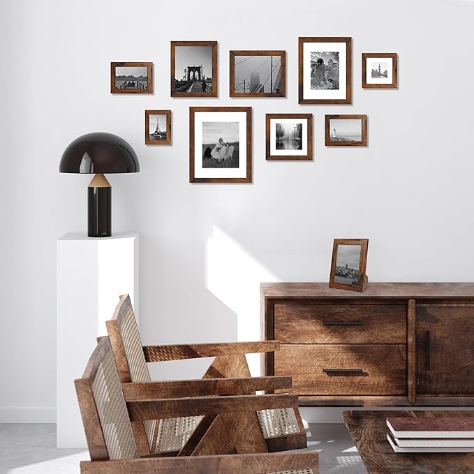 8x12 Picture Frame Set of 4 with High Definition Real Glass, Display 6x8 Pictures with Mat or 8 x 12 Without Mat, Rustic Photo Frames for Tabletop and Wall Mounting