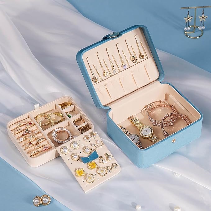 Homde Jewelry Box Small for Women: Ring Earring Organizer Storage for Dresser - Necklace Bracelets Holder with Multi Compartments(Light Blue)