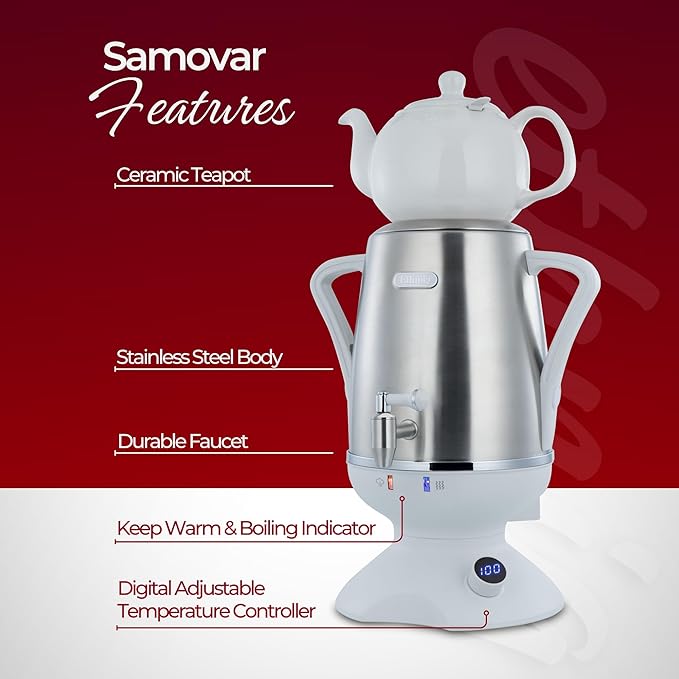 ETHNIQ - Electric Samovar | 4L Stainless Steel Turkish Tea Maker | Adjustable Temperature Controller | Boil Dry & Auto Shot-off | White
