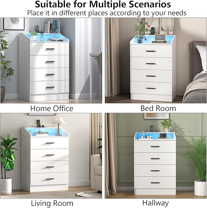 4 Drawers Dresser with Power Outlet, Chest of Drawers with LED Light, White Dresser Organizer with Open Storage Cubby, Modern Nightshatnd for Bedroom, Living Room, Entryway, Hallway