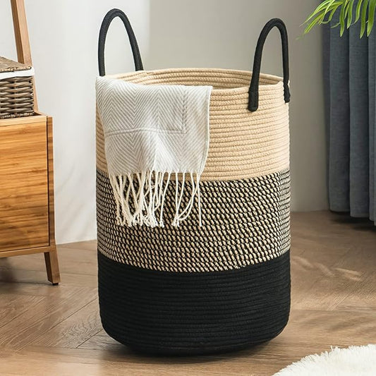 Woven Rope Laundry Hamper Basket, 72L Tall Luandry Basket, Baby Nursery Hamper for Blanket Storage, Clothes Hamper for Laundry in Bedroom-Large-Black & Brown