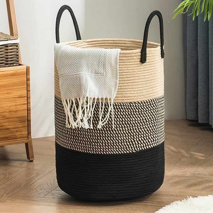 Woven Rope Laundry Hamper Basket, 100L Tall Laundry Basket, Baby Nursery Hamper for Blanket Storage, Clothes Hamper for Laundry in Bedroom-Extra Large-Black Brown