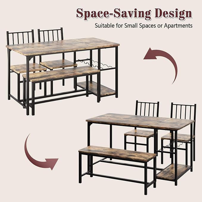 Dining Table Set for 4, Kitchen Table and 2 Chairs for 4 With Bench, Dining Table Set With Built in Wine Rack&Wine Glasses Holder, Storage Shelves for Small Space, Apartment, Kitchen, Rustic Brown