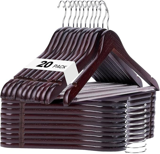 HOUSE DAY Cherry Wooden Hangers 20 Pack, Heavy Duty Wooden Coat Hanger for Closet, Solid Wood Hanger with Non Slip Pant Bar, Smooth Finish Wood Clothes Hangers for Shirts, Suits Jackets, Dress