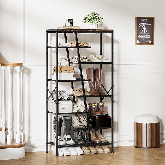 Shoe Rack, 8 Tier Boot Rack, Wooden Storage Organizer for Tall Boots, Large Capacity Metal Shoe Shelf Holds 12-15 Pairs of Shoes, Durable and Stable, for Entryway, Closet, Rustic Brown