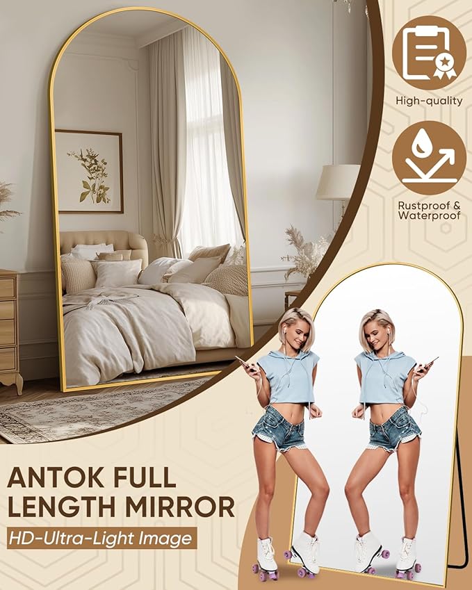 Antok Full Length Mirror, 78"x38" Floor Mirror with Stand, Hanging Mounted Mirrors for Bedroom, Living Room, Cloakroom, Dining Room, Gold, Arched
