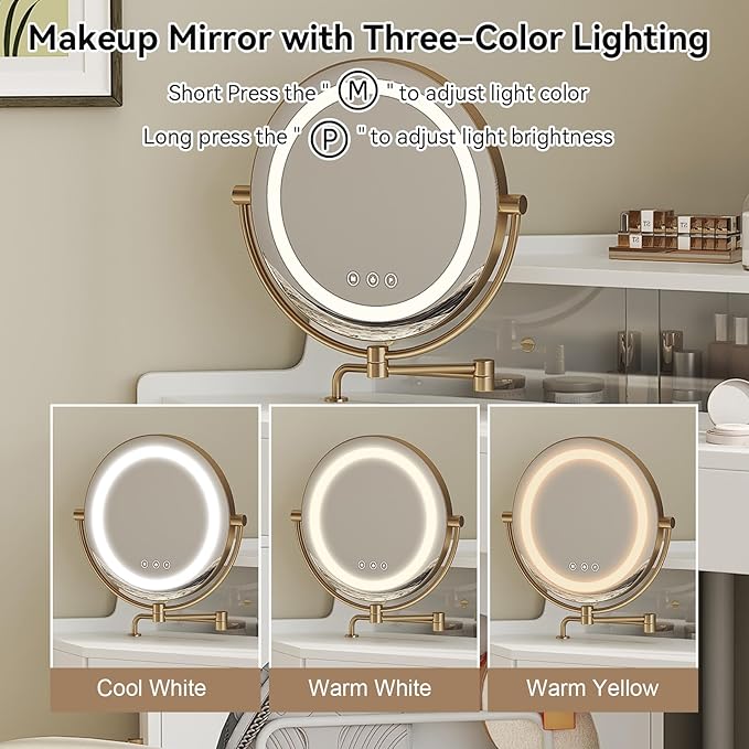 Merax Corner Vanity Desk with Mirror and Lights and Stool, White Makeup Vanity with Folding Mirror & Adjustable Light, Girl Glass Top Dressing Table with Side Storage Cabinet & Drawers for Bedroom