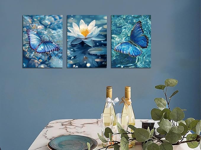 Arjun Blue Abstract Butterfly Canvas Wall Art Water Lily Pond Painting Zen Stones White Lotus Flower Teal Turquoise Pictures Framed for Living Room Bedroom Bathroom Spa Salon Home Office Wall Decor