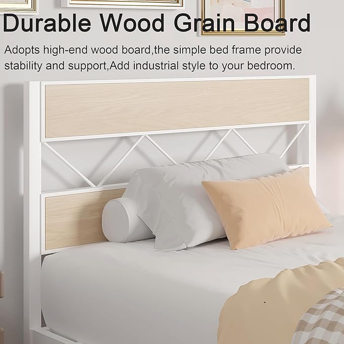 VECELO 2 Twin Bed Frame Set Metal Platform with Wooden Headboard, Heavy-Duty Metal Slats Support, No Box Spring Needed, Non-Slip, Noise Free, Easy Assembly, White & Natural