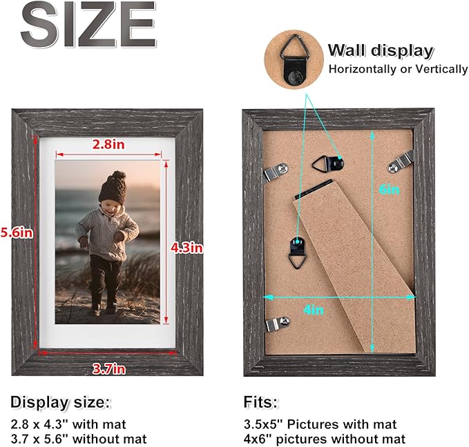 KINLINK 4x6 Picture Frame Ash Black, Solid Wood Frames with Acrylic Plexiglass for 3.5x5 with Mat or 4x6 without Mat, Tabletop and Wall Display Photo Frame, Set of 4